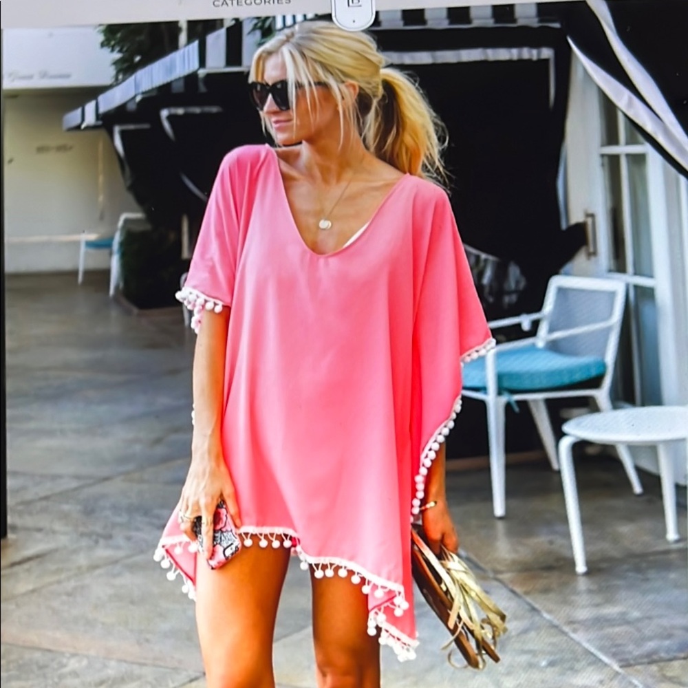 Bathing suit beach cover up, Dreamly Clothing Co. NEW Coral Pom-Pom Trim